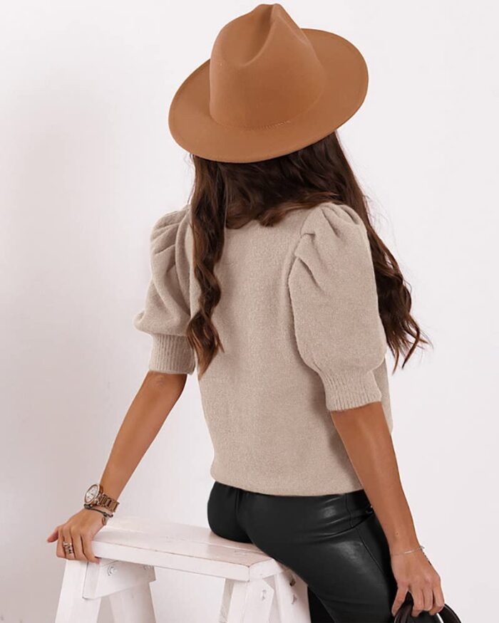Women's Puff Short Sleeve Sweater Tops 2023 Spring Summer Trendy Crew/Square/V Neck Casual T Shirts Blouses A-Beige - Image 6